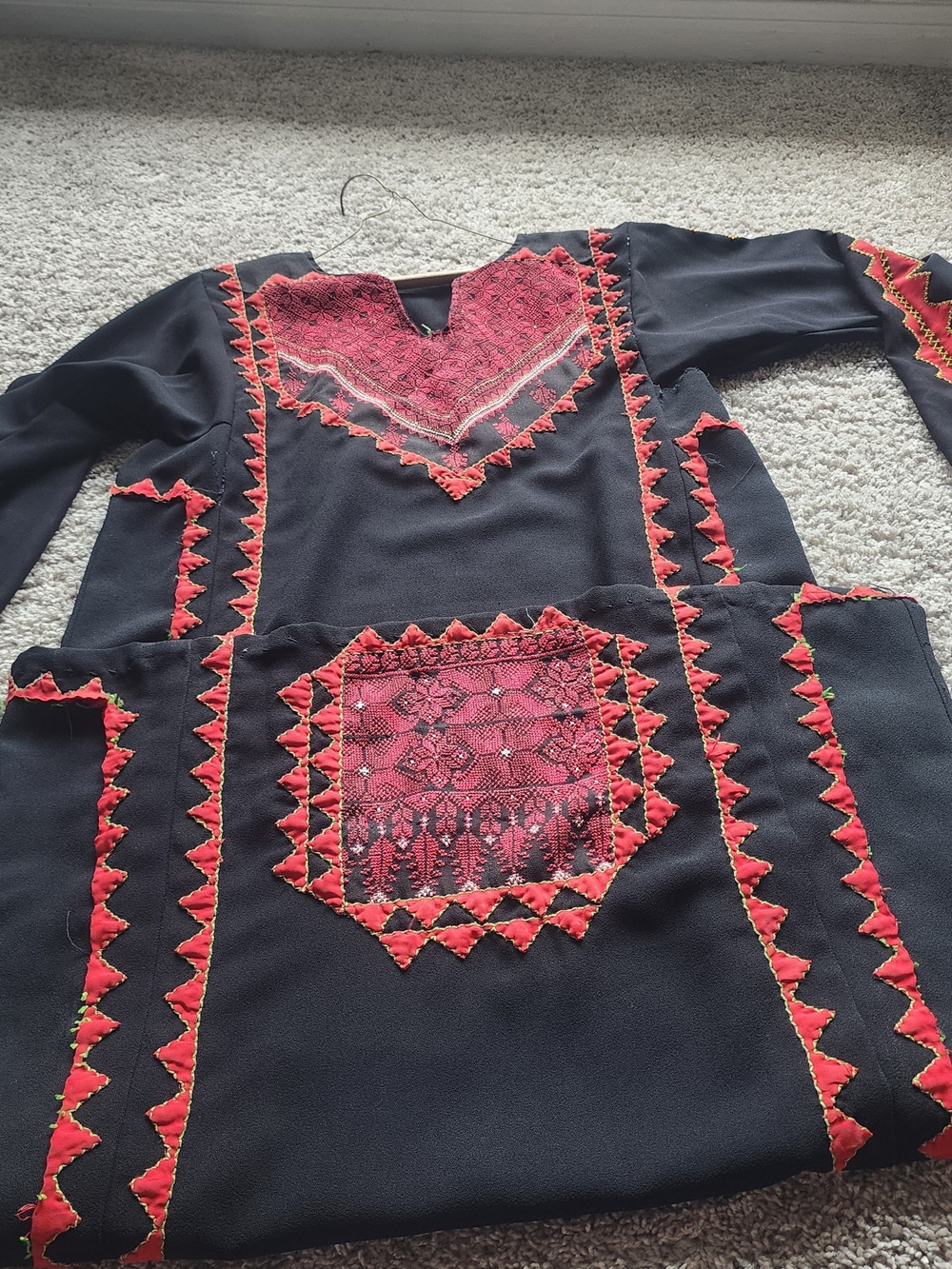 Embroidered Black Dress with Red Accent Panels Thobe UNWEARABLE
